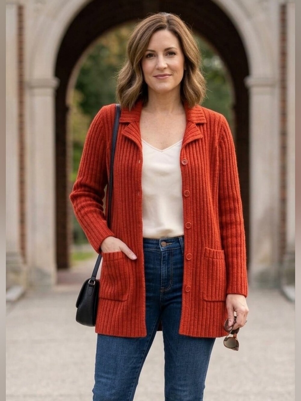 Jones New York Rust Ribbed Button-Front Cardigan